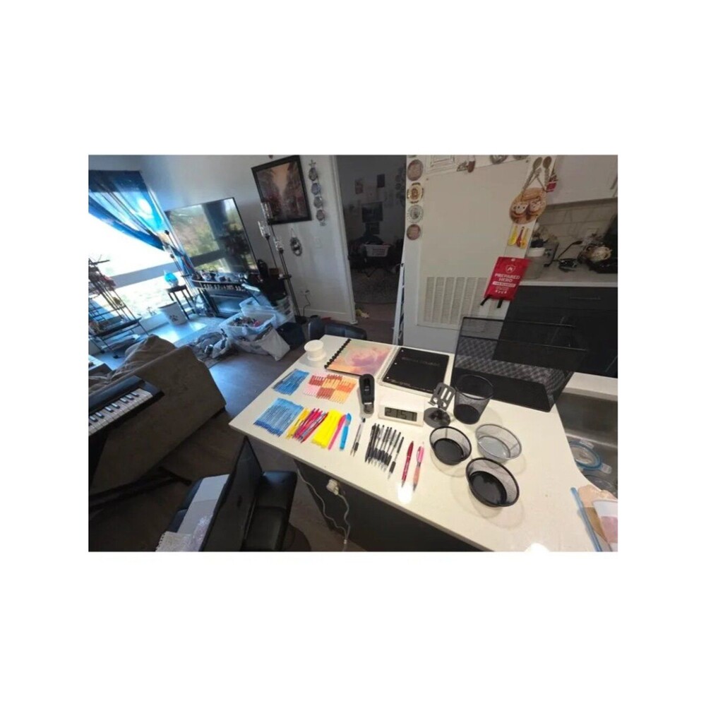 Office supplies and ruler and calculator on next photo